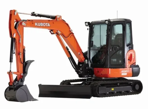 An orange Kubota KX040‑4 compact excavator with a hydraulic arm and bucket attachment, shown on rubber tracks with its enclosed operator cab visible.