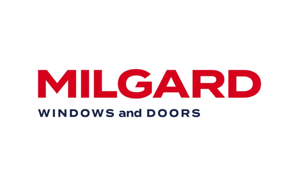 Gemini said The Milgard Windows and Doors logo is displayed on a white background. The word "MILGARD" is written in large, bold, red capital letters. Beneath it, the words "WINDOWS and DOORS" are written in a smaller, dark blue sans-serif font, with "WINDOWS" and "DOORS" in all caps and "and" in lowercase.