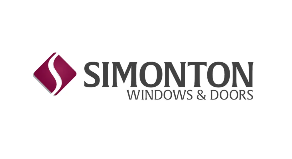 Gemini said The Simonton Windows & Doors logo is centered on a white background. It features a maroon diamond-shaped icon on the left with a white, stylized, S-shaped curve running through it. To the right, the brand name "SIMONTON" is written in a bold, dark grey serif font, with the words "WINDOWS & DOORS" appearing in a smaller, lighter-weight sans-serif font underneath.