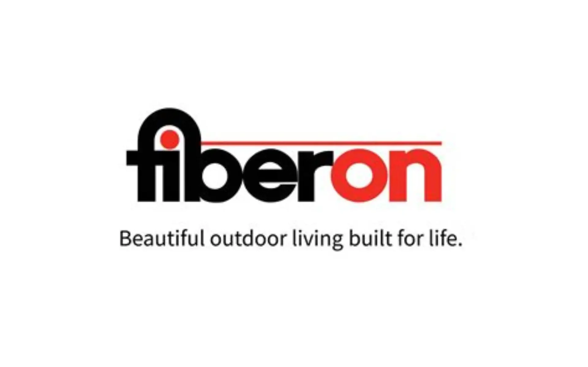 The Fiberon logo with “fiber” in black and “on” in red, featuring a red line above the text and the tagline “Beautiful outdoor living built for life” beneath it.