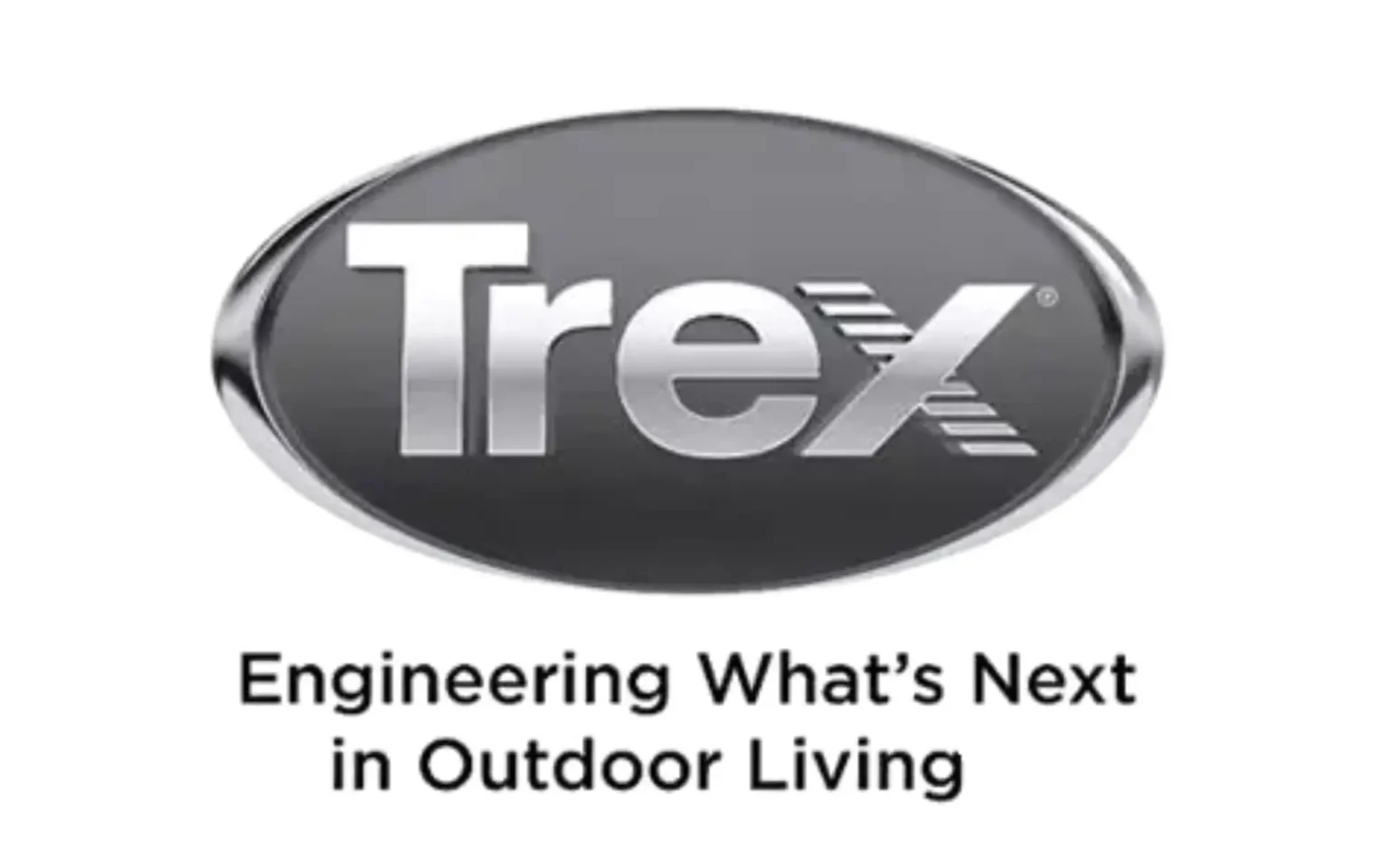 The Trex logo displayed inside a dark oval with a silver border, with the tagline “Engineering What’s Next in Outdoor Living” shown below.