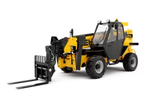 A yellow GEHL RS6-34 telehandler with a telescoping boom and fork attachment, shown against a black background with its rugged tires and enclosed operator cab visible.