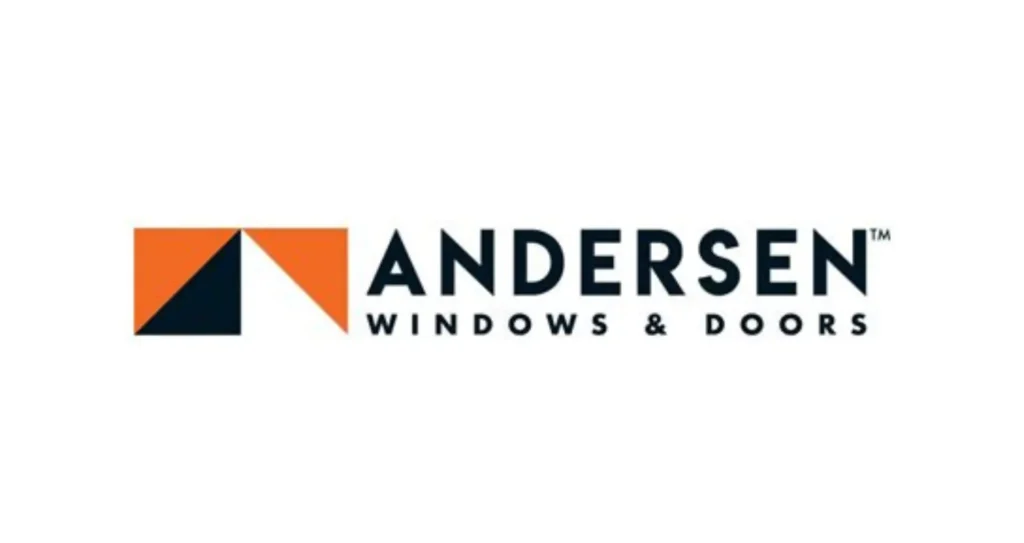 Gemini said The Andersen Windows & Doors logo is displayed on a solid white background. To the left, there is a geometric icon consisting of an orange rectangle with a black and white triangular "A" shape cut into it. To the right, the word "ANDERSEN" appears in bold, black capital letters, with the phrase "WINDOWS & DOORS" printed in smaller, spaced-out black capital letters directly underneath.