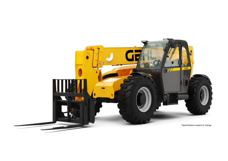 A yellow GEHL RS8-42 telehandler with a telescoping boom and fork attachment, shown on large off‑road tires with its enclosed operator cab visible