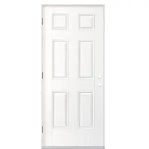 A white six‑panel exterior door with raised rectangular panels and two cutouts for a doorknob and deadbolt on the right side, with hinges on the left.