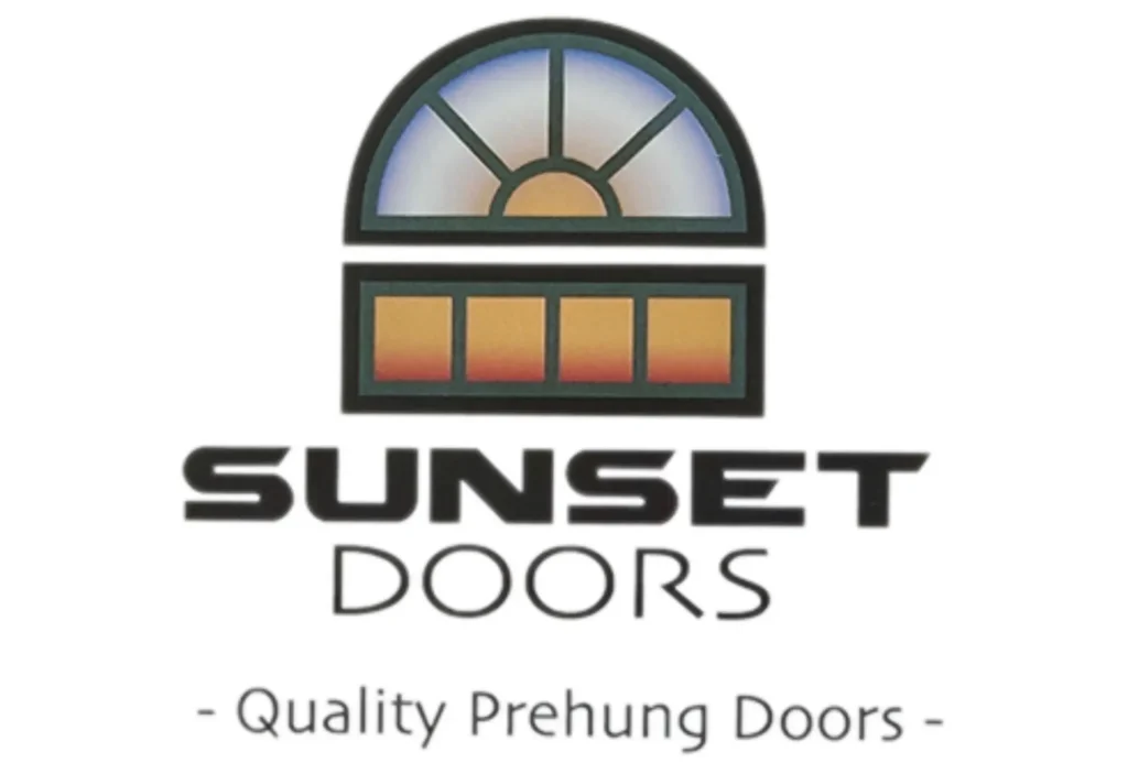 The Sunset Doors logo featuring a stylized sunset above vertical door‑panel shapes, with the text “Sunset Doors – Quality Prehung Doors” beneath the graphic.