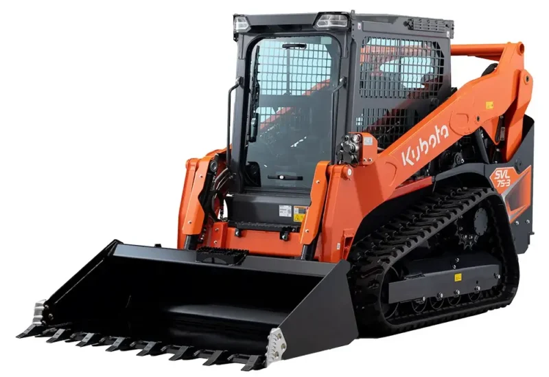 An orange Kubota SVL75‑2 compact track loader with a front bucket attachment, shown parked on a dirt surface with its enclosed cab and rubber tracks visible.