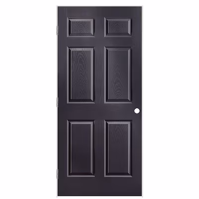 A black six‑panel door with raised rectangular panels and a cutout on the right side for a doorknob, with hinges on the left.