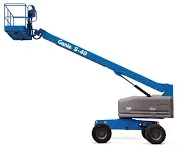 A blue Genie S‑40 telescopic boom lift with an extended arm and small work platform, shown on a wheeled base with its reach angled upward.