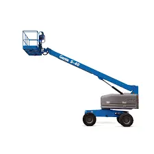 A blue Genie S‑40 telescopic boom lift with an extended arm and small work platform, shown on a wheeled base with its reach angled upward.