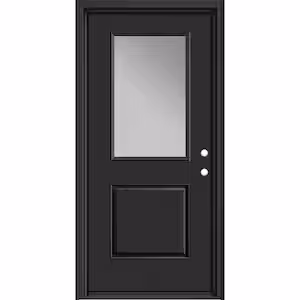 A black exterior door with a rectangular glass panel in the upper half and a raised rectangular panel below, featuring two cutouts on the right side for a doorknob and deadbolt.