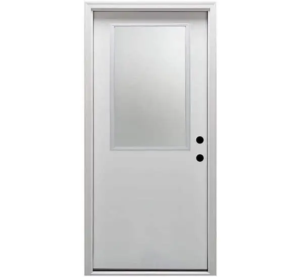 A white exterior door with a frosted glass panel in the upper half and two cutouts for a doorknob and deadbolt on the right side.